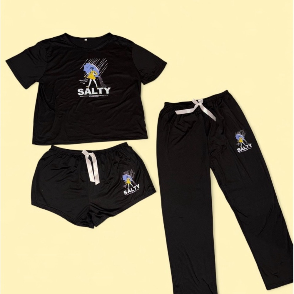 Women’s “Salty” 🧂 Black Graphic Pajama 3 Piece Set Size XL ~ NEW - Picture 2 of 13